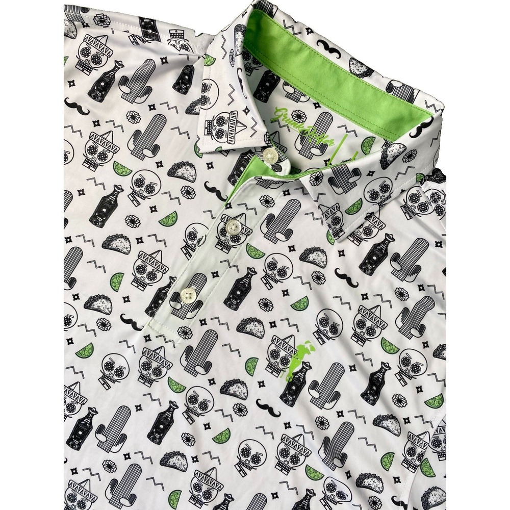 Grunk Dolfer Golf Polo Shirt Men L Short Sleeve Tequila Lime Taco Skulls Mexico